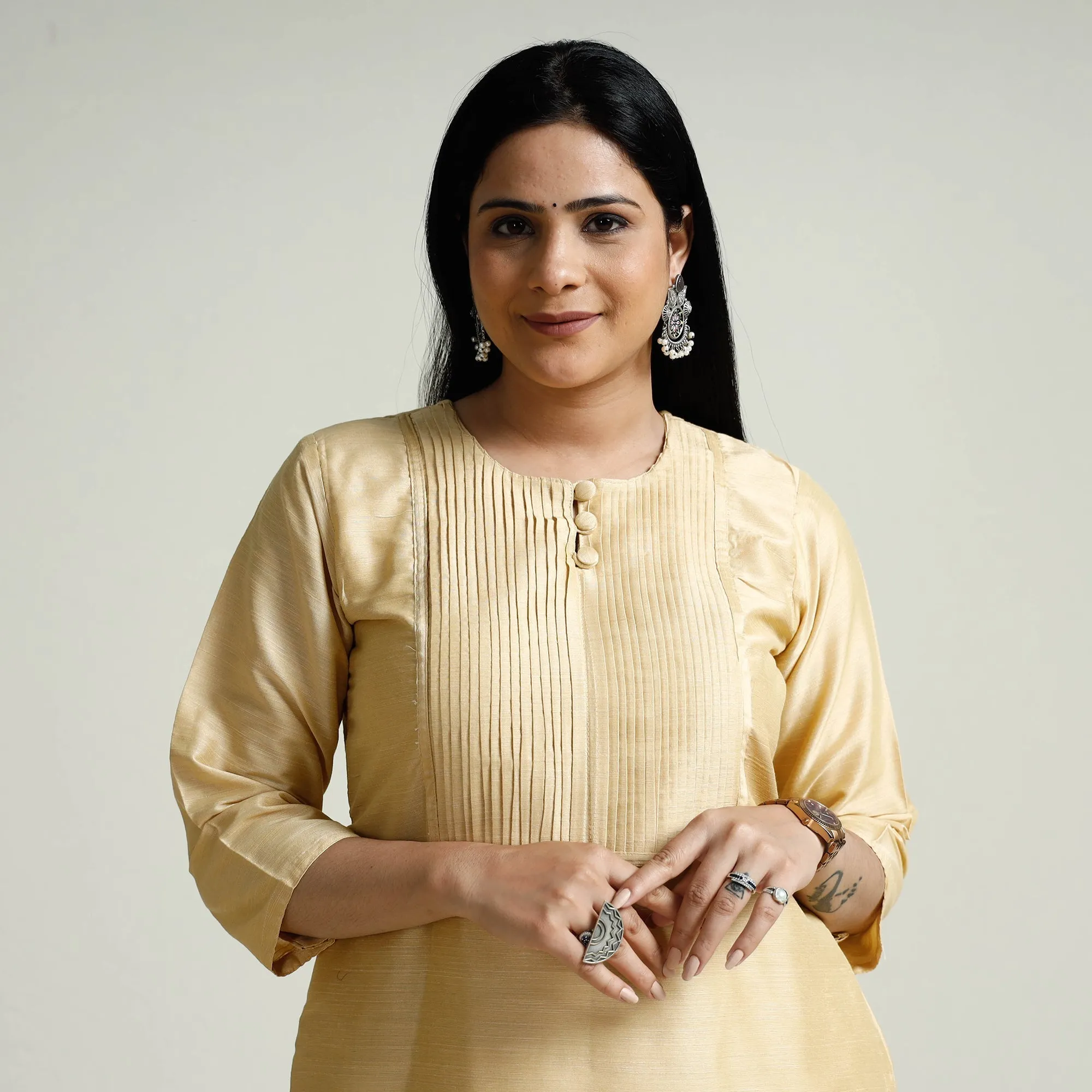 Beige - Plain Slub Silk Pintuck Long Straight Kurta sold by Itokri