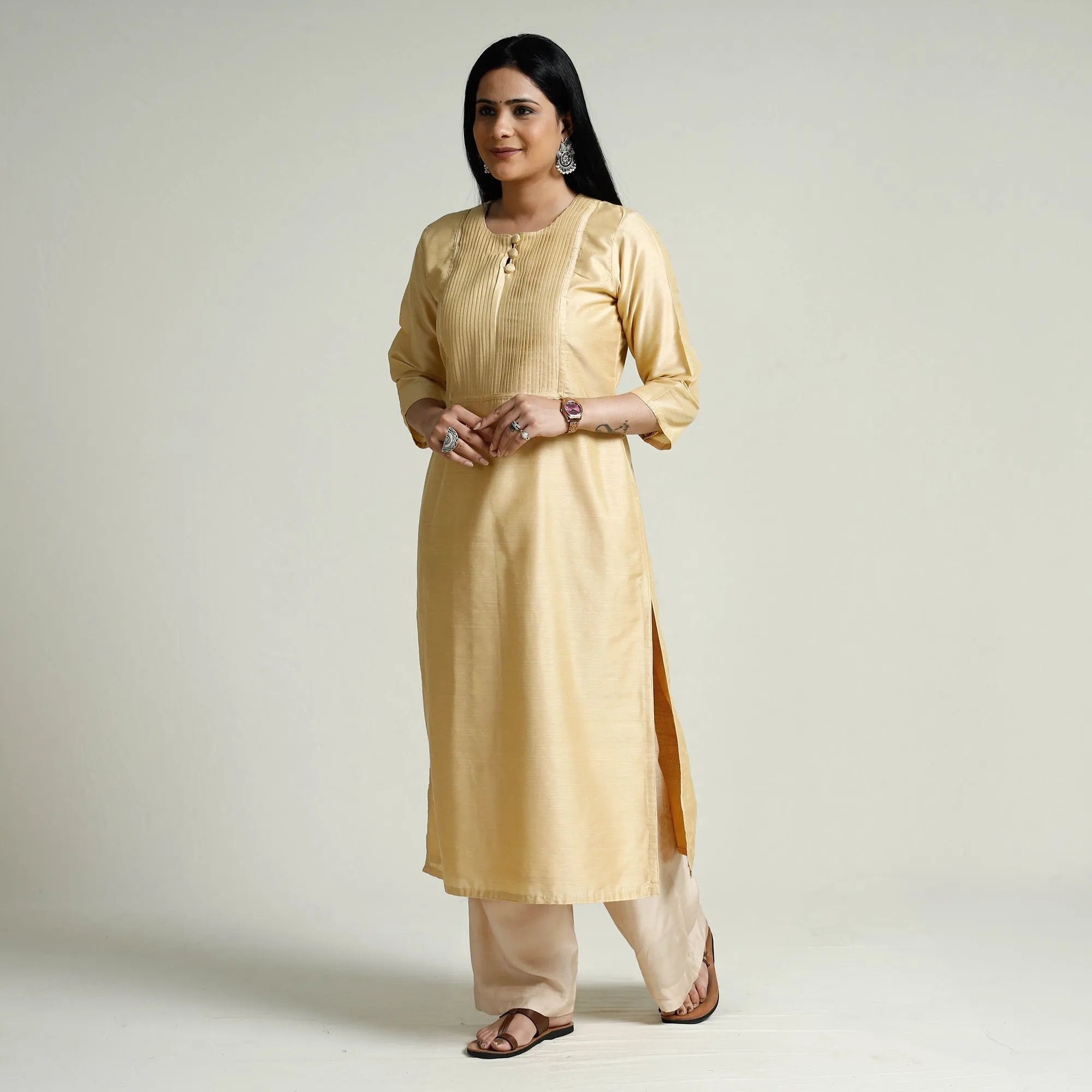 Beige - Plain Slub Silk Pintuck Long Straight Kurta sold by Itokri product image thumbnail 3