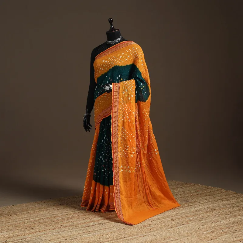 Orange - Kutch Tie-Dye Cotton Bandhani Saree with Blouse Piece 46 made by Itokri