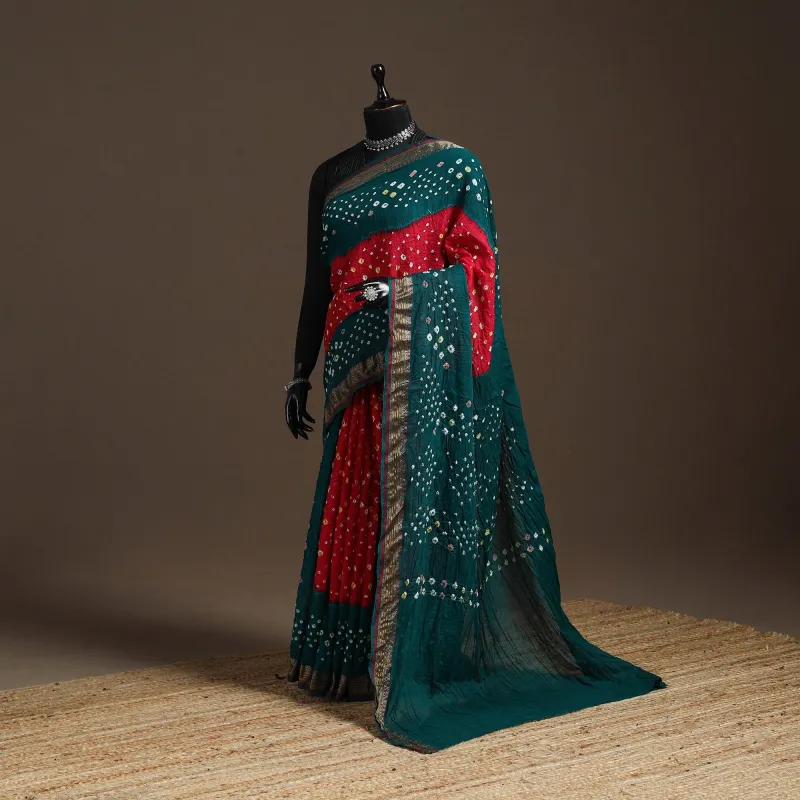 Green - Kutch Tie-Dye Cotton Bandhani Saree with Blouse Piece 45 sold by Itokri