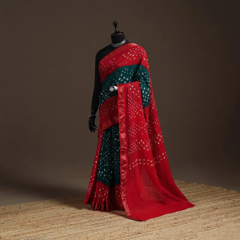 Red - Kutch Tie-Dye Cotton Bandhani Saree with Blouse Piece 43 sold by Itokri