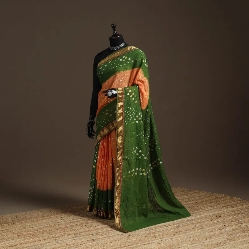 Green - Kutch Tie-Dye Cotton Bandhani Saree with Blouse Piece 39 made by Itokri
