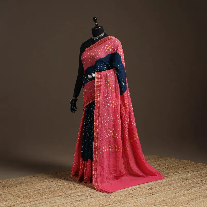 Pink - Kutch Tie-Dye Cotton Bandhani Saree with Blouse Piece 40 made by Itokri