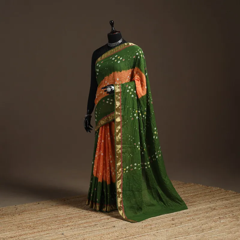 Green - Kutch Tie-Dye Cotton Bandhani Saree with Blouse Piece 37 sold by Itokri