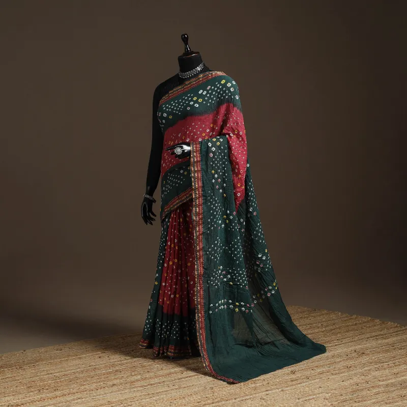 Green - Kutch Tie-Dye Cotton Bandhani Saree with Blouse Piece 29 sold by Itokri