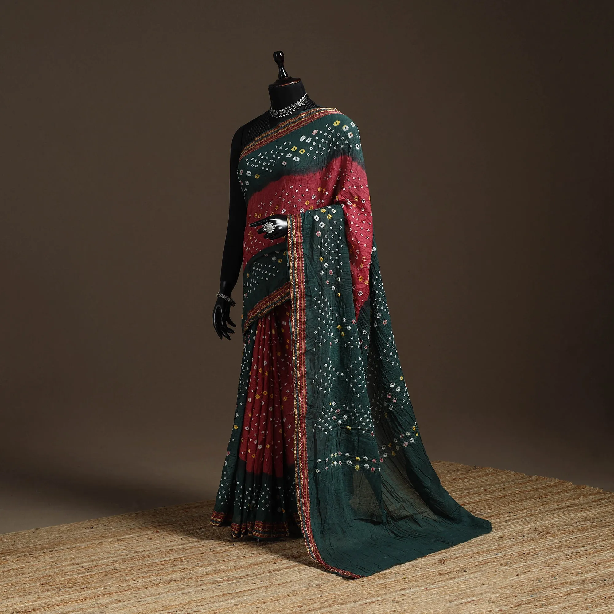 Green - Kutch Tie-Dye Cotton Bandhani Saree with Blouse Piece 29 sold by Itokri