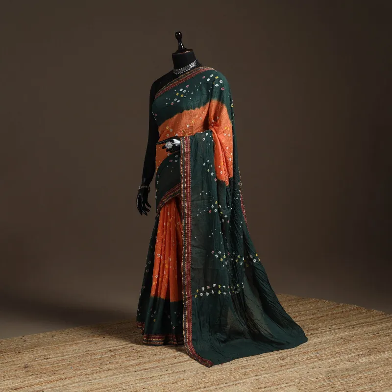 Green - Kutch Tie-Dye Cotton Bandhani Saree with Blouse Piece 26 sold by Itokri