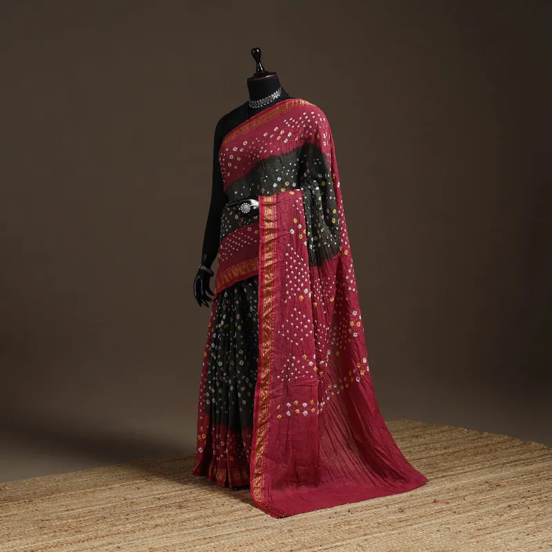Maroon - Kutch Tie-Dye Cotton Bandhani Saree with Blouse Piece 19 sold by Itokri