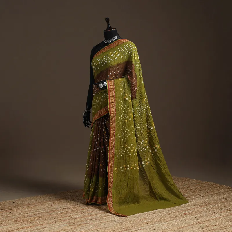 Green - Kutch Tie-Dye Cotton Bandhani Saree with Blouse Piece 12 made by Itokri