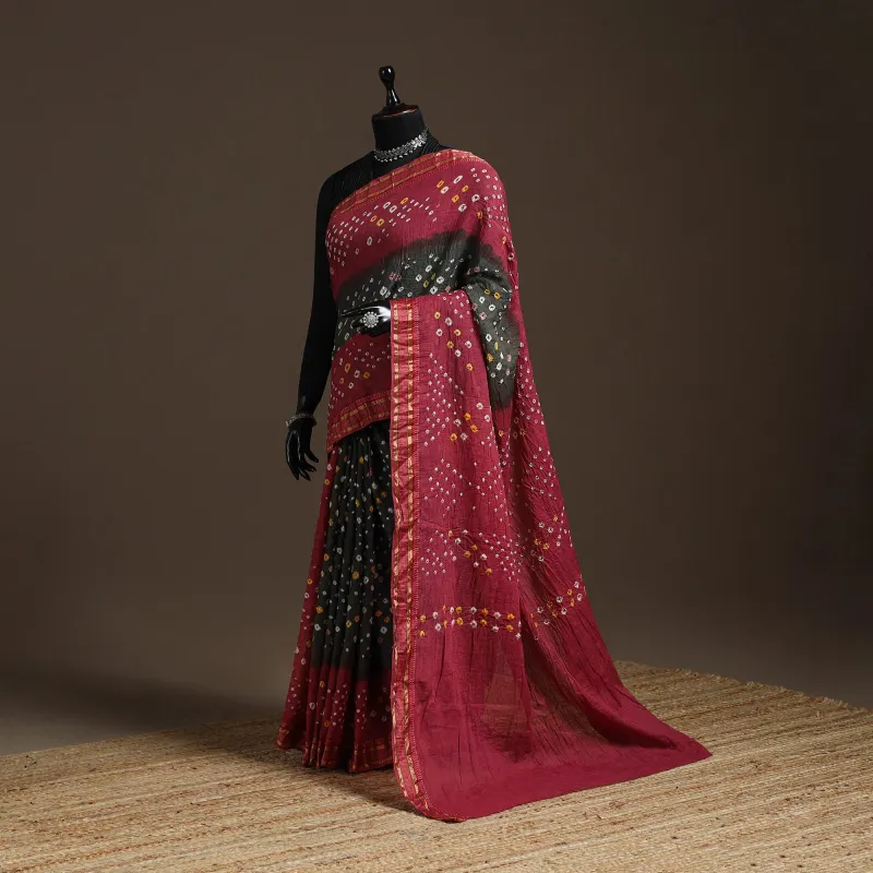 Maroon - Kutch Tie-Dye Cotton Bandhani Saree with Blouse Piece 15 sold by Itokri
