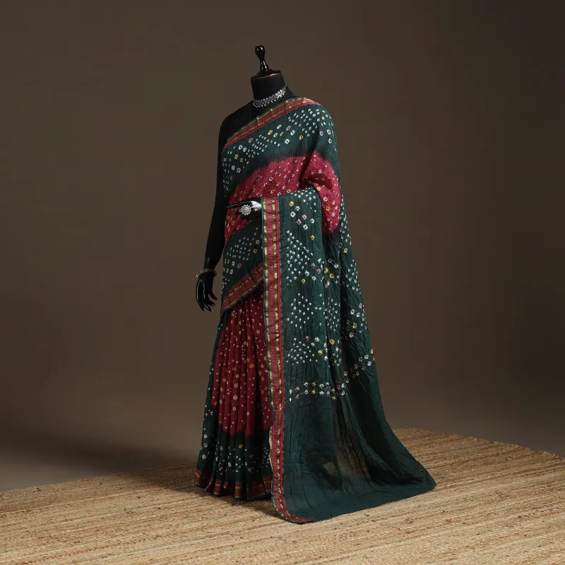 Green - Kutch Tie-Dye Cotton Bandhani Saree with Blouse Piece 09 sold by Itokri