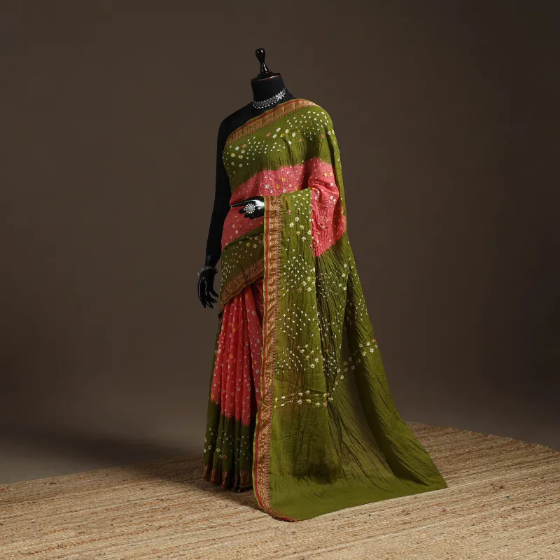 Green - Kutch Tie-Dye Cotton Bandhani Saree with Blouse Piece 08 sold by Itokri