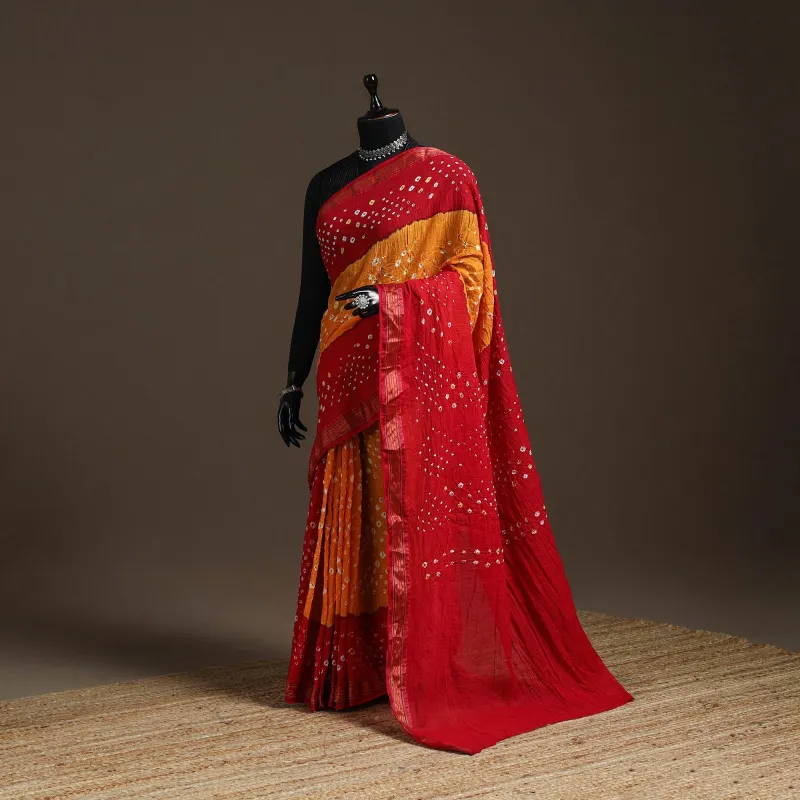 Red - Kutch Tie-Dye Cotton Bandhani Saree with Blouse Piece 03 sold by Itokri