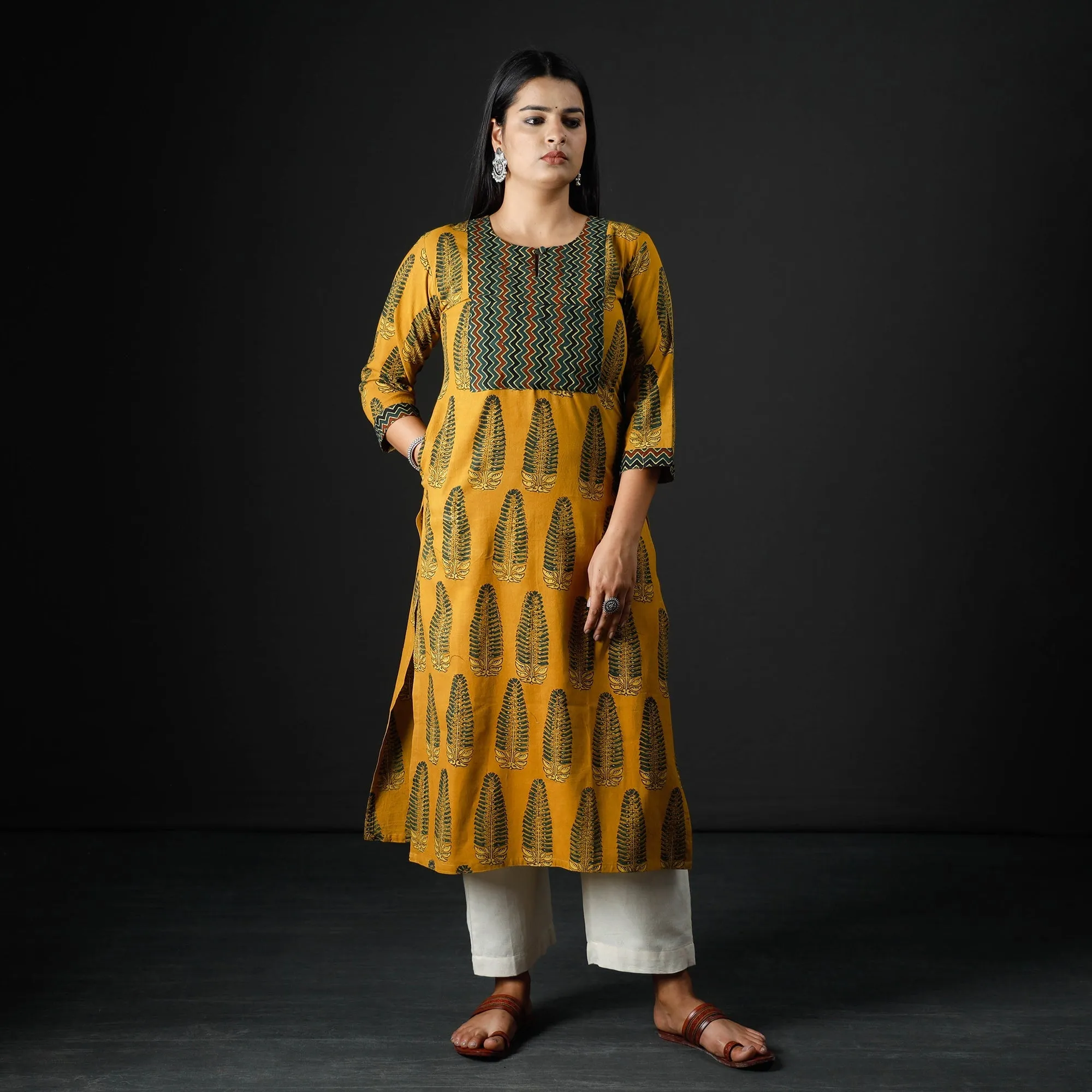 Yellow - Ajrakh Block Printed Cotton Straight Kurta 04 sold by Itokri product image thumbnail 2