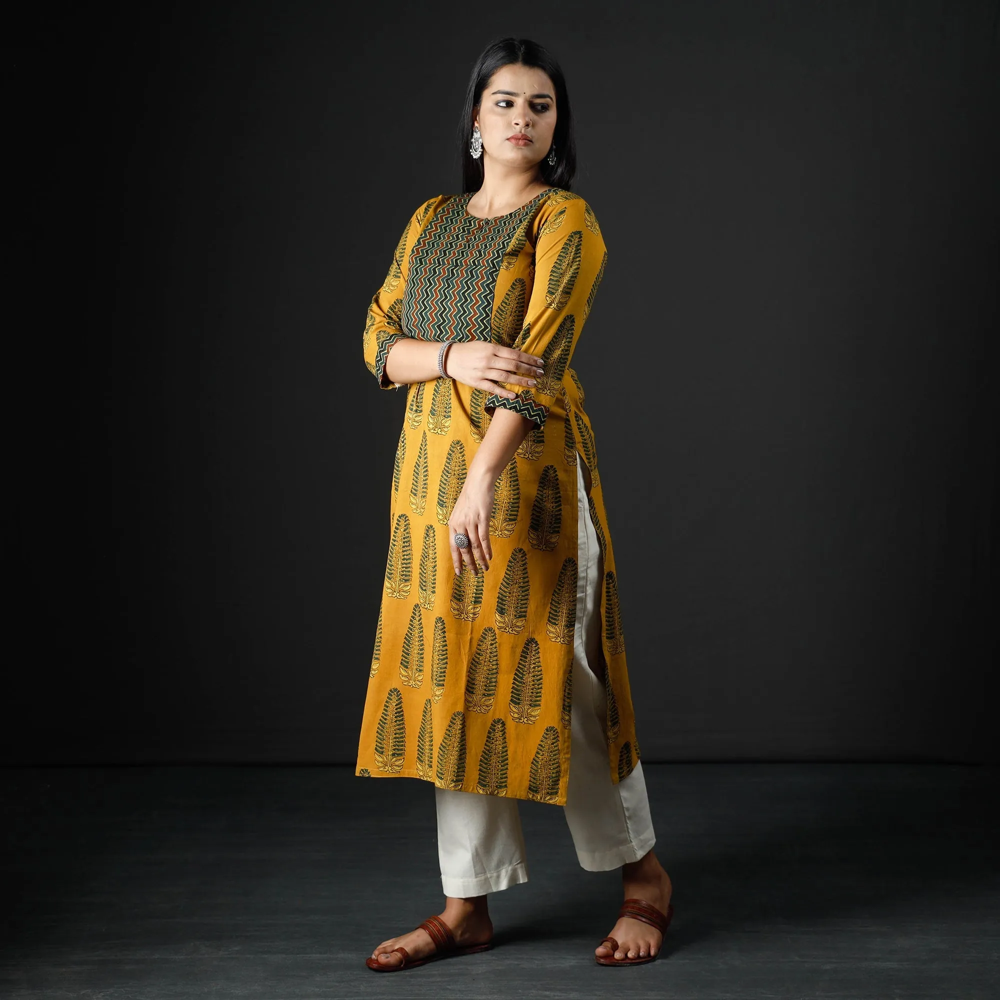 Yellow - Ajrakh Block Printed Cotton Straight Kurta 04 sold by Itokri product image thumbnail 3