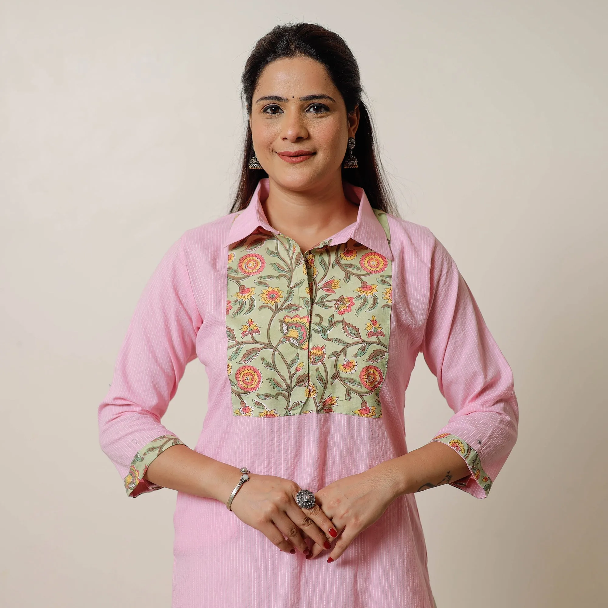 Pink - Running Stitch Cotton Straight Kurta with Sanganeri Patchwork 01 sold by Itokri