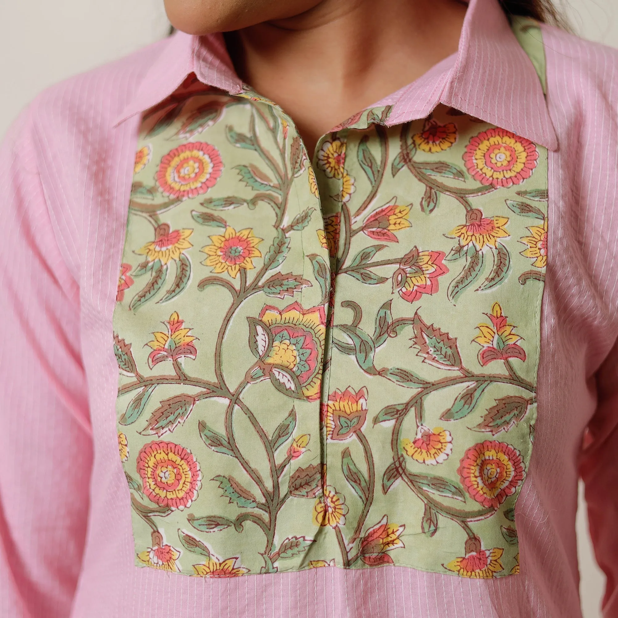 Pink - Running Stitch Cotton Straight Kurta with Sanganeri Patchwork 01 sold by Itokri product image thumbnail 5