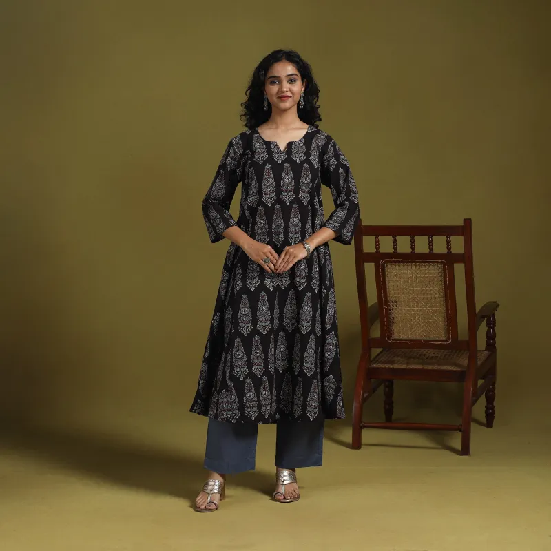 Black - Natural Dyed Cotton Block Print A-Line Ajrakh Kurta for women 07 sold by Itokri