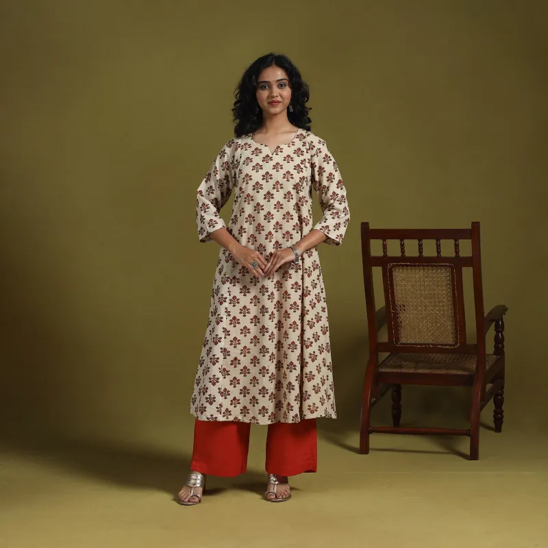Beige - Natural Dyed Cotton Block Print A-Line Ajrakh Kurta for women 08 sold by Itokri