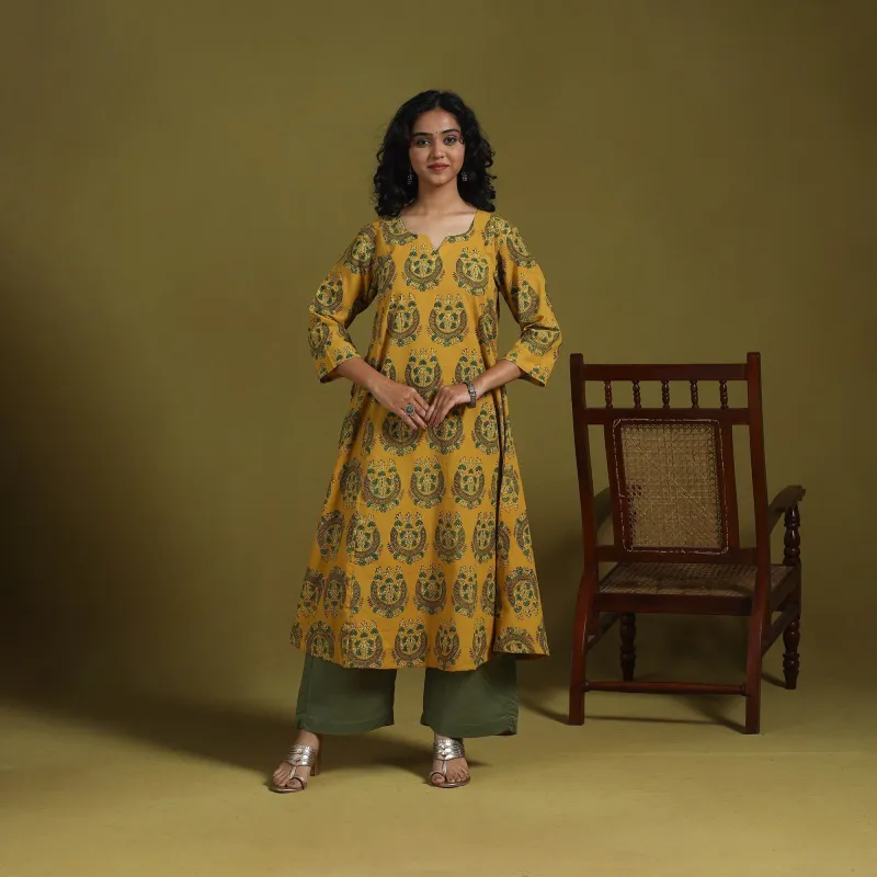 Yellow - Natural Dyed Cotton Block Print A-Line Ajrakh Kurta for women 11 made by Itokri