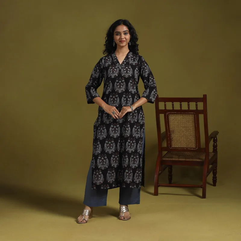 Black - Natural Dyed Cotton Block Print Straight Ajrakh Kurta for women 04 sold by Itokri