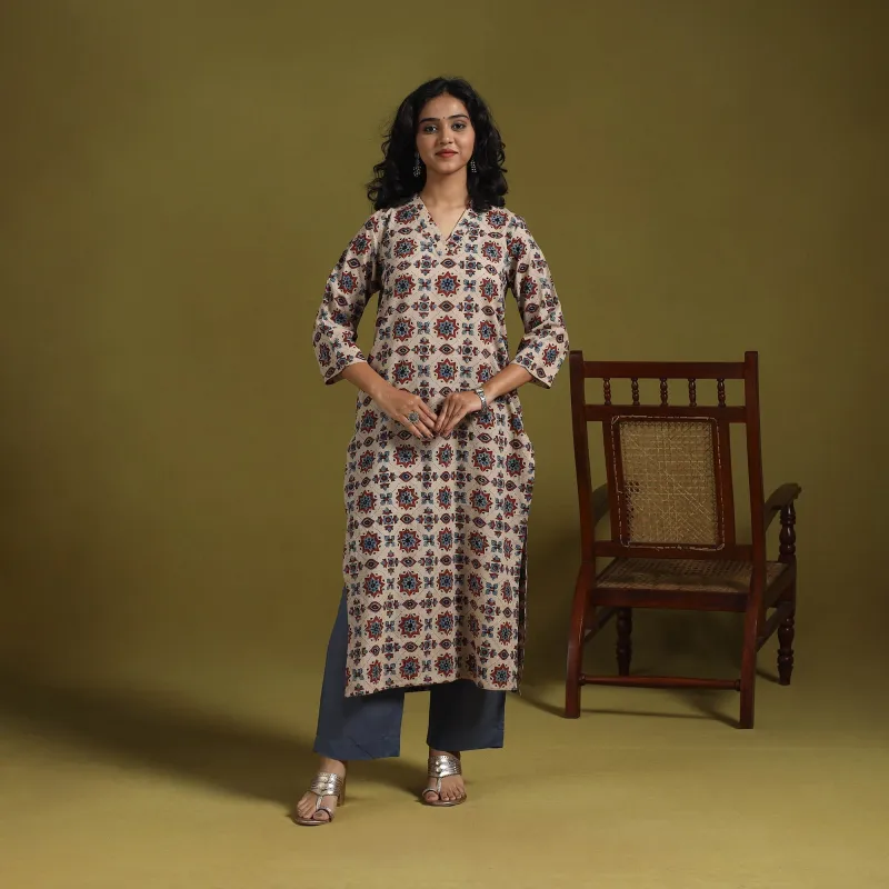 Beige - Natural Dyed Cotton Block Print Straight Ajrakh Kurta for women 02 sold by Itokri