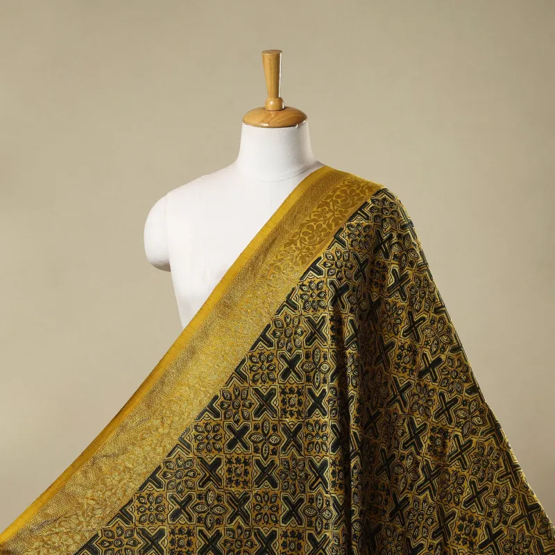 Yellow - Natural Dyed Dola Silk Hand Block Ajrakh Print Fabric 11 sold by Itokri