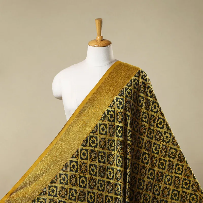 Yellow - Natural Dyed Dola Silk Hand Block Ajrakh Print Fabric 10 sold by Itokri