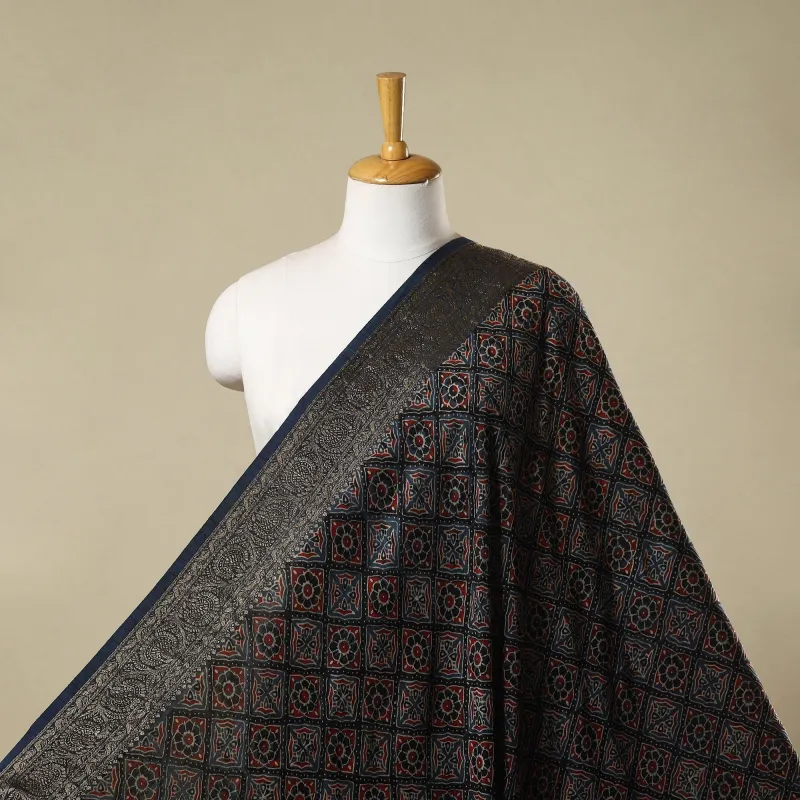 Blue - Natural Dyed Dola Silk Hand Block Ajrakh Print Fabric 08 sold by Itokri