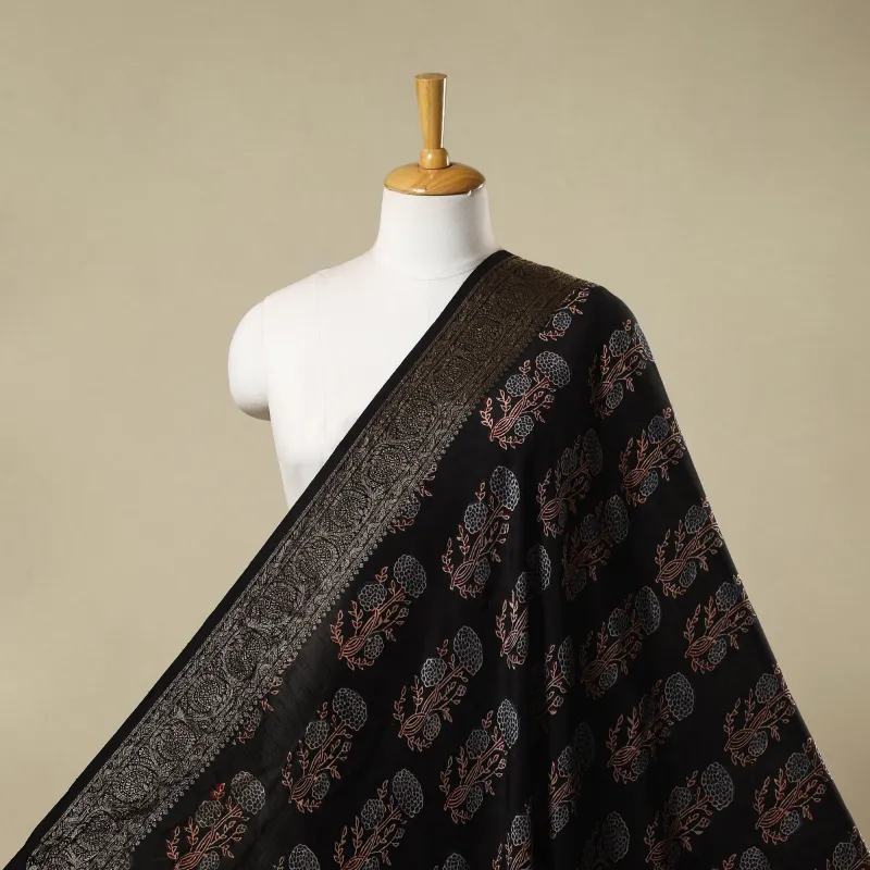 Black - Natural Dyed Dola Silk Hand Block Ajrakh Print Fabric 04 sold by Itokri