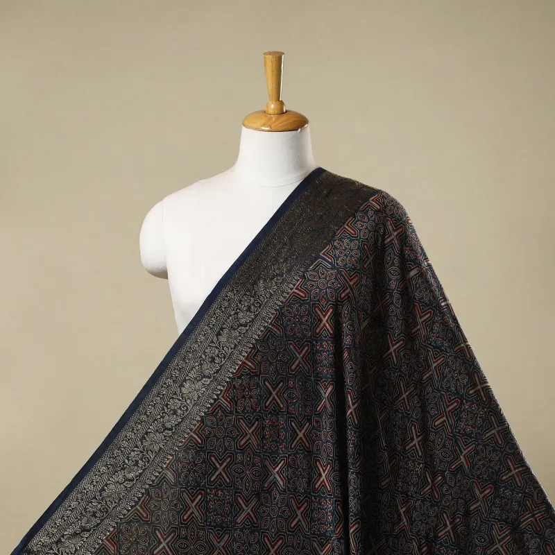 Blue - Natural Dyed Dola Silk Hand Block Ajrakh Print Fabric 37 sold by Itokri