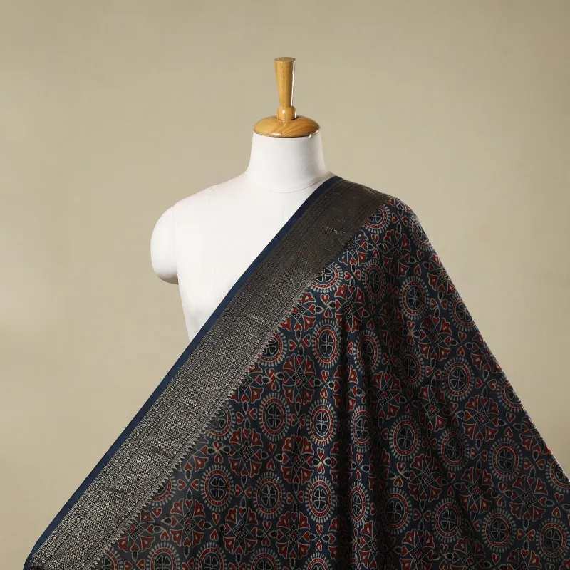 Blue - Natural Dyed Dola Silk Hand Block Ajrakh Print Fabric 69 sold by Itokri