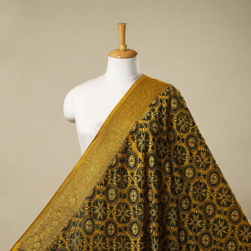 Yellow - Natural Dyed Dola Silk Hand Block Ajrakh Print Fabric 61 sold by Itokri