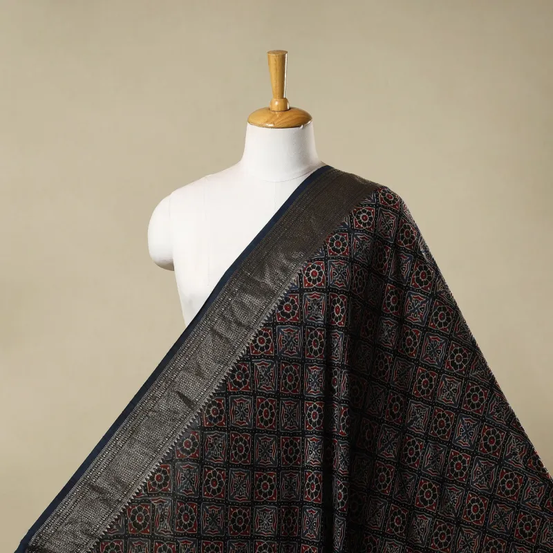 Blue - Natural Dyed Dola Silk Hand Block Ajrakh Print Fabric 23 sold by Itokri