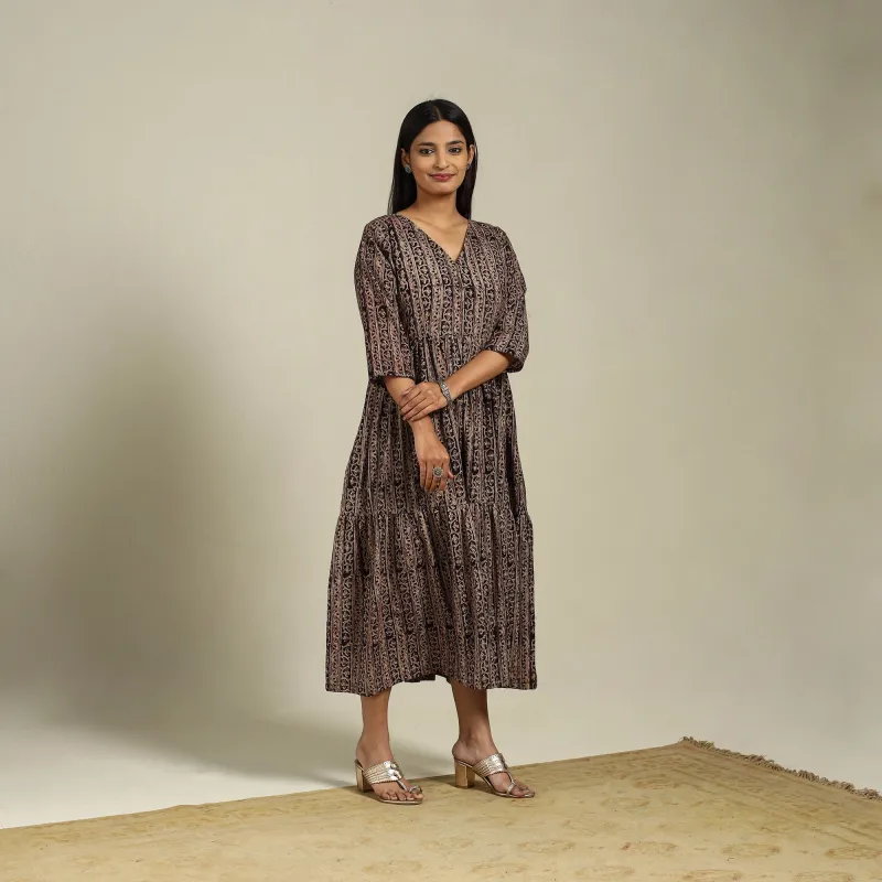 Black - Block Print Natural Dyed Cotton Tiered Kalamkari Dress 03 sold by Itokri