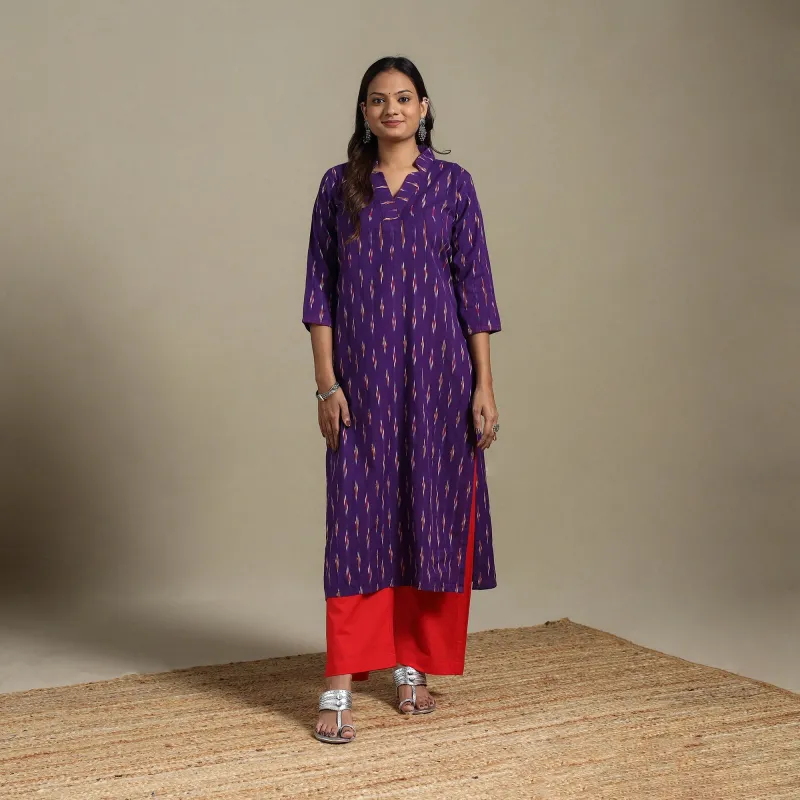 Purple - Hand Embroidered Cotton Straight Pochampally Ikat Kurta 09 made by Itokri