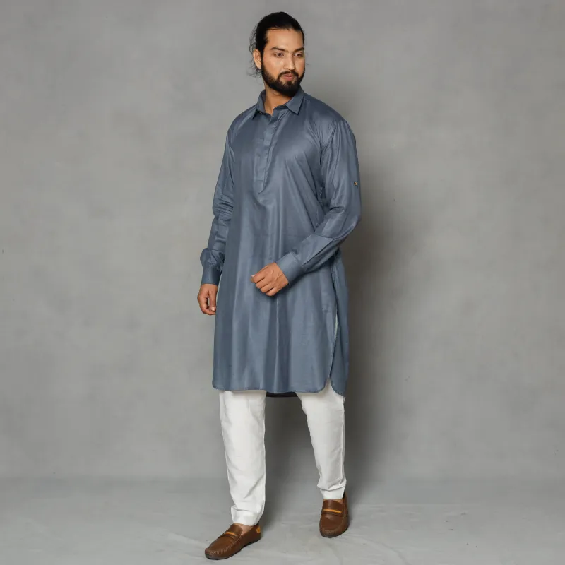 Grey - Linen Viscose Plain Men Long Pathani Kurta sold by Itokri