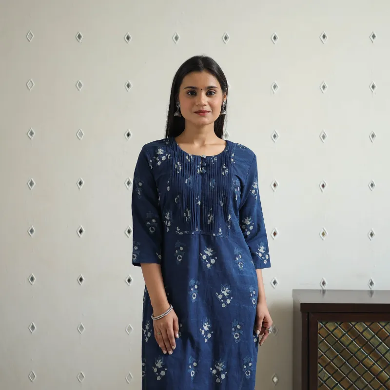 Blue - Jahota Block Print Cotton Pintuck Straight Kurta 24 sold by Itokri