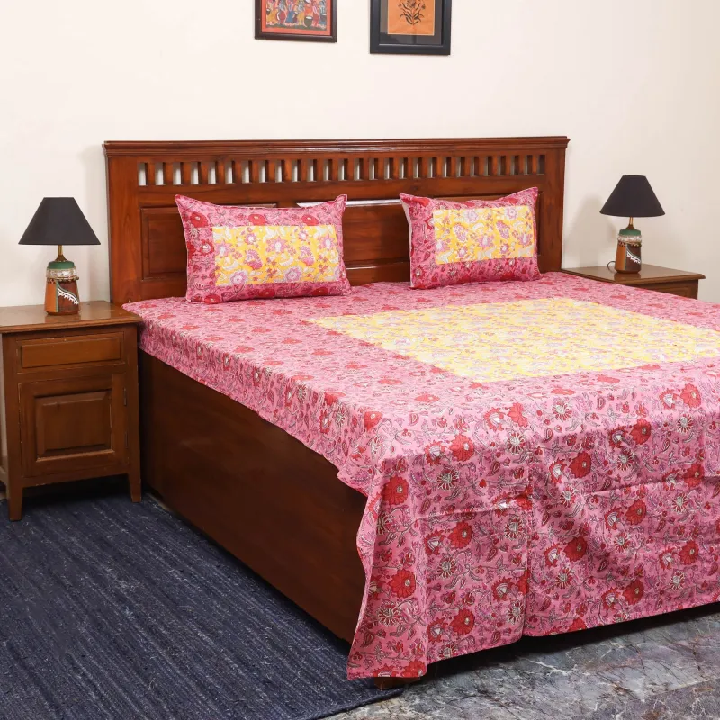 Pink - Patchwork Hand Block Double Sanganeri Print Bedsheet Set (108 x 90 in) 32 made by Itokri