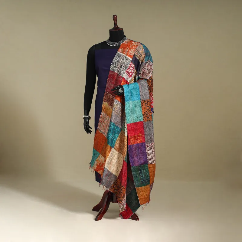 Multicolor - Patchwork Reversible Silk Bengal Kantha Work Dupatta 106 sold by Itokri