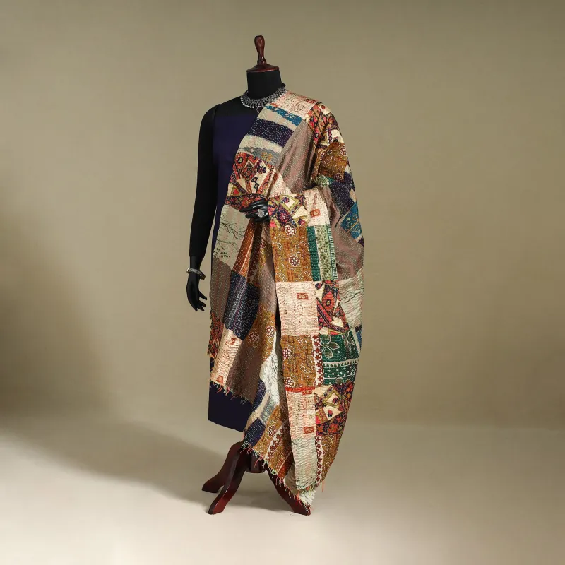 Multicolor - Patchwork Reversible Silk Bengal Kantha Work Dupatta 94 sold by Itokri