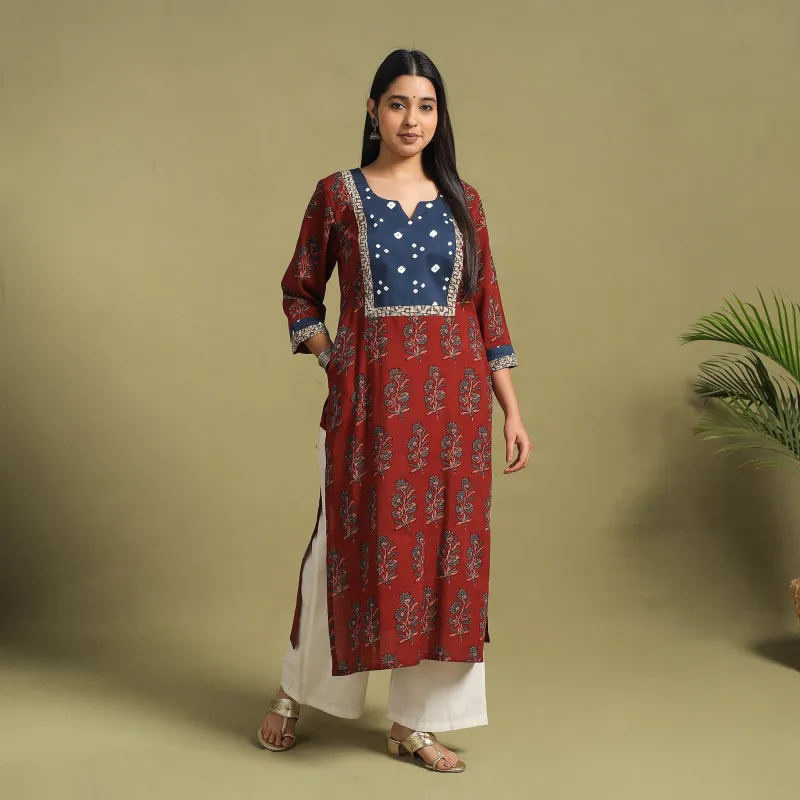 Red - Fusion Mul Cotton Straight Ajrakh Kurta 19 sold by Itokri