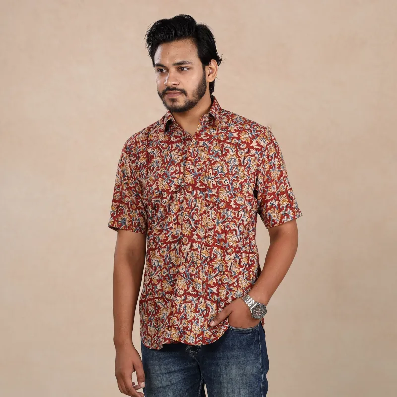 Maroon - Men Kalamkari Block Printed Cotton Half Sleeve Shirt sold by Itokri