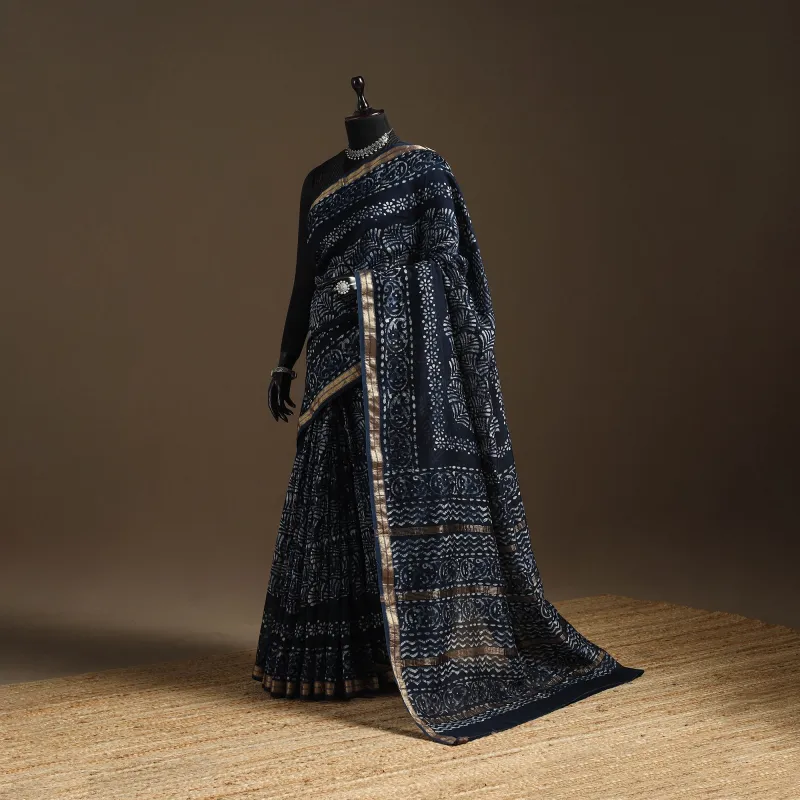 Blue - Chanderi Silk Hand Block Batik Print Saree 08 sold by Itokri