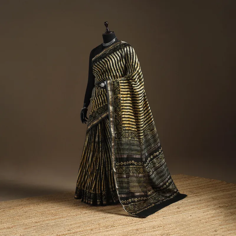 Green - Chanderi Silk Hand Block Batik Print Saree 06 sold by Itokri