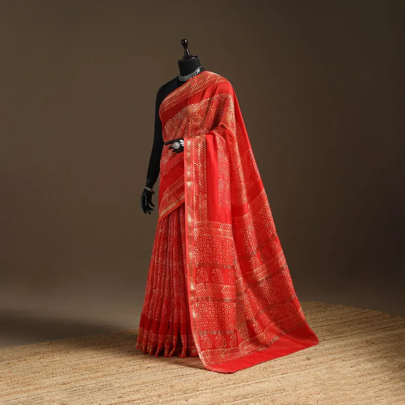 Red - Chanderi Silk Hand Block Batik Print Saree 04 sold by Itokri
