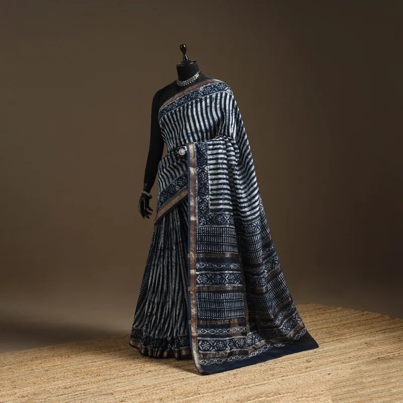 Blue - Chanderi Silk Hand Block Batik Print Saree 01 made by Itokri