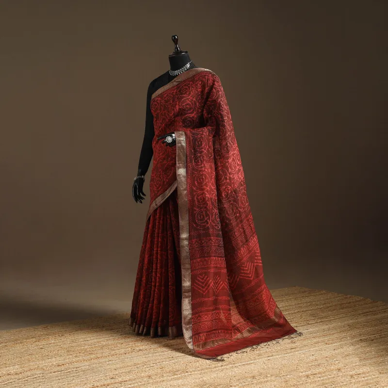Red - Chanderi Silk Hand Block Batik Print Saree 10 sold by Itokri