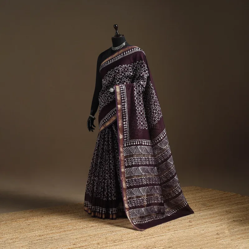 Purple - Chanderi Silk Hand Block Batik Print Saree 11 sold by Itokri