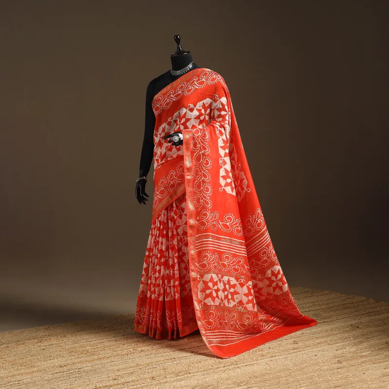 Orange - Chanderi Silk Hand Block Batik Print Saree 12 sold by Itokri